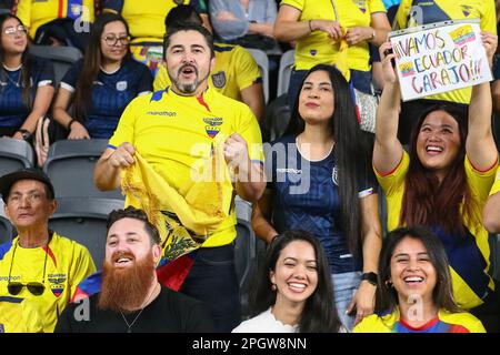 24. März 2023; CommBank Stadium, Sydney, NSW, Australien: International Football Friendly , Australien gegen Ecuador; Ecuador-Fans jubeln für ihr Land Stockfoto