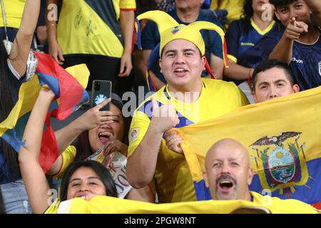 24. März 2023; CommBank Stadium, Sydney, NSW, Australien: International Football Friendly , Australien gegen Ecuador; Ecuador-Fans jubeln für ihr Land Stockfoto