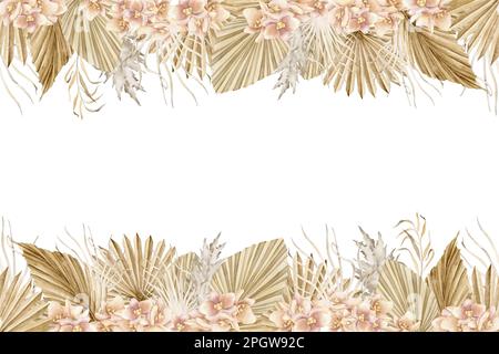 Blumenrahmen mit getrockneten Palmenblättern und Orchideenblumen im Boho-Stil. Handgezeichnete Vorlage in Aquarellfarben für Grußkarten oder Hochzeitseinladungen. Nahtloses Muster in Pastellfarben auf isoliertem Hintergrund Stockfoto