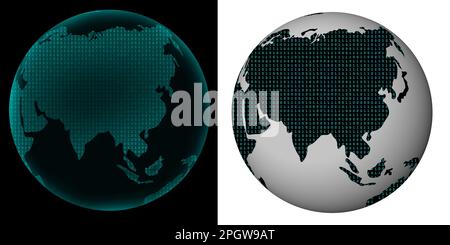 Weltkugel mit Halbtonpunkten. Globe MAP asien Hologramm Textur blau Licht Bit 1 und 0 Muster 3D Abbildung Stockfoto