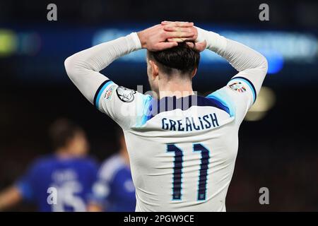 Jack Grealish aus England reagiert am 23. März 2023 auf dem Fußballspiel UEFA Euro 2024, Europäische Qualifikatoren, Gruppe C zwischen Italien und England im Stadio Diego Armando Maradona in Neapel, Italien – Foto: Federico Proietti/DPPI/LiveMedia Stockfoto