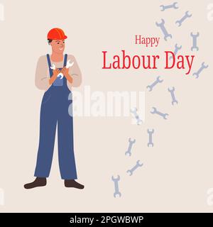 Arbeiter mit Schraubenschlüssel für Banner Happy Labour Day Stock Vektor