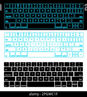 Tastatur Hologramm blau Licht Laptop Notebook Computer PNG. Satz Computertastatur. Isoliert auf weißem und schwarzem Hintergrund. Stockfoto