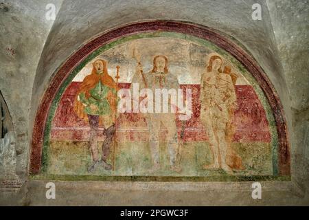 San Rocco, San Sebastiano e altro santo - affresco - fine del XV secolo - Rovato (Bs), Disciplina della chiesa di Santa Maria Assunta, Stockfoto