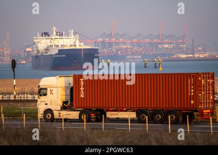 LNG-Tanker Rudolf Samoylowitsch, für Flüssigerdgas im Seehafen Rotterdam, Maasvlakte2, Containerlaster, Rotterdam Niederlande, Stockfoto