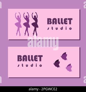Entwurf von Theaterkarten. Ballettschüler-Flyer-Vorlage. Ballerina-Silhouette im Tutu- und pointe-Schuh mit Schmetterling. Pinkfarbenes und lilafarbenes Kartendesign. Vektordarstellung Stock Vektor