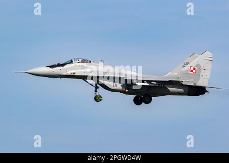 Polnischer Air Force MiG-29 Fulcrum-Kampfflugjet im Landeanflug auf dem Luftwaffenstützpunkt Leeuwarden. Leeuwarden, Niederlande - 19. April 2018 Stockfoto