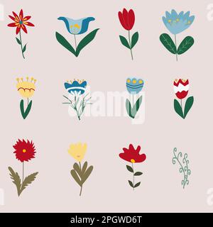 Blumenset aus Tulpen, Krokus, Sommer, Frühlingssymbolen. Stock Vektor