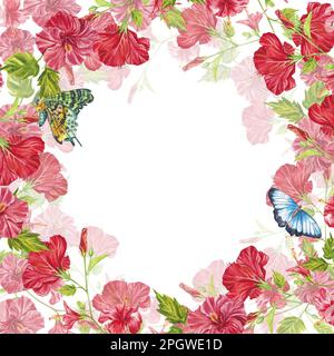 Quadratischer Rahmen mit rotem Hibiskus und leuchtenden Schmetterlingen auf weißem Hintergrund. Aquarelle Darstellung tropischer Blumen. Die botanische Zeichnung eines Stockfoto