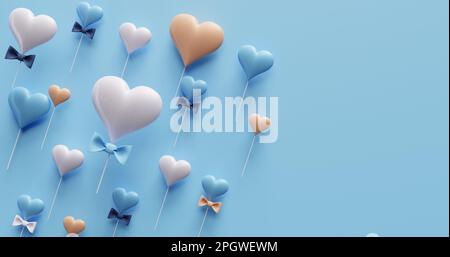 Vatertag, Geburtstag. Banner mit fliegenden Herzen und Bogen. 3D-Rendering Stockfoto