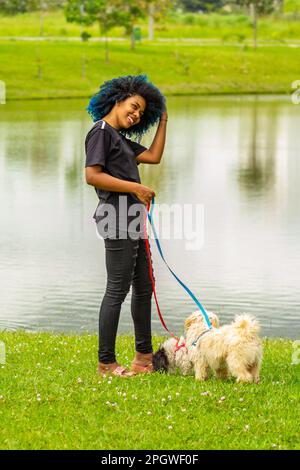 Goiania, Goias, Brasilien – 20. März 2023: Eine junge schwarze Frau mit blau gefärbtem Afrohaar, die ihre Hunde auf dem Rasen neben einem Teich im Park spaziert. Stockfoto