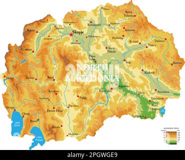 Sehr detaillierte physische Karte Nordmazedoniens, im Vektorformat, mit allen Hilfsformen, Regionen und Großstädten. Stock Vektor