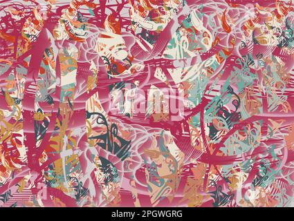 Farbenfroher Hintergrund mit Blumen- und Pferdeelementen für Textilien oder Stoffe. Dekorativer Hintergrund für Cover, Tapeten, Modetrends, Business Stockfoto