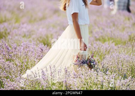 Nahaufnahme einer Frau in wunderschönem weißen Kleid, die einen Korb benutzt, um Lavendel auf dem Feld zu sammeln Stockfoto