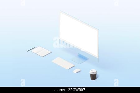 Isometrischer Schreibtisch mit Computerdisplay, Tastatur, Maus, Pad, Stift und Kaffeetasse. Isolierter Bildschirm für Webseitenpräsentation. Blaue Oberfläche Stockfoto