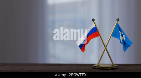 Die Flaggen Russlands und der Gemeinschaft unabhängiger Staaten liegen auf dem Tisch. Verhandlungen zwischen der GUS und Russland. Auf wenig unscharfem Hintergrund. 3D Arbeit und 3D Bild Stockfoto