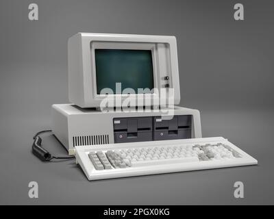 3D-Rendering eines klassischen PCs mit Monitor auf grauem Hintergrund Stockfoto