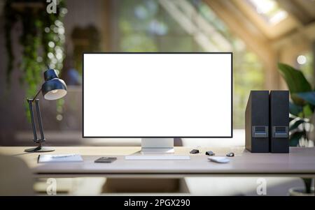 Computer-All-in-One mit einem leeren Bildschirm Vorderseite in industriellen Loft grün ökologischen Büro Interieur Stockfoto