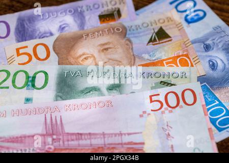 Geld aus Schweden, schwedische Krone, Finanz- und Geschäftskonzept, Nahaufnahme, finanzieller Hintergrund Stockfoto