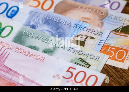Geld aus Schweden, schwedische Krone, Finanz- und Geschäftskonzept, Nahaufnahme, finanzieller Hintergrund Stockfoto