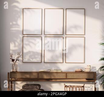 Modernes Modell mit Innenraumgestaltung. Galeriewände sind nachgeahmt, leere Wände im neutralen beigen Schlafzimmer Stockfoto