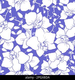 Nahtloses Muster großer weißer Orchideensilhouetten auf blauem Hintergrund, Struktur, Design Stockfoto