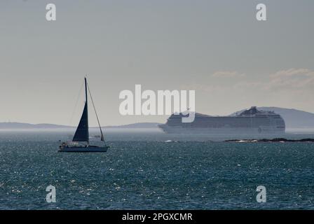 Silhouette eines Segelboots, das in der Nähe von Punta del Este mit einem ruhigen Meer segelt, und ein Kreuzfahrtschiff am Horizont Stockfoto