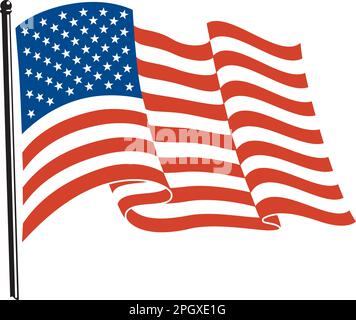 Amerikanische Flagge in 3 flachen Farben, winkend vom Fahnenmast. Alle Vektorzeichnungen, flache Formen, geeignet für Laserschneiden Stock Vektor