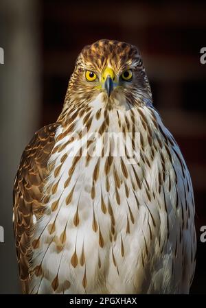 Ein junger Cooper's Hawk, der auf einem Hinterhofzaun sitzt Stockfoto