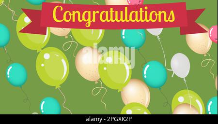 Bild: Glückwunschtext über bunten Ballons auf grünem Hintergrund Stockfoto