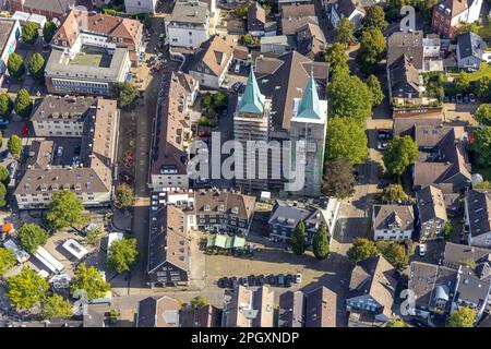 Luftfoto, Kirchturm-Renovierung des Evangeliums. Christuskirche in Schwelm, Ruhrgebiet, Nordrhein-Westfalen, Deutschland, Gottesdienst, Konstruieren Stockfoto