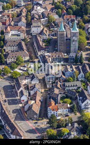 Luftfoto, Kirchturm-Renovierung des Evangeliums. Christuskirche in Schwelm, Ruhrgebiet, Nordrhein-Westfalen, Deutschland, Gottesdienst, Konstruieren Stockfoto