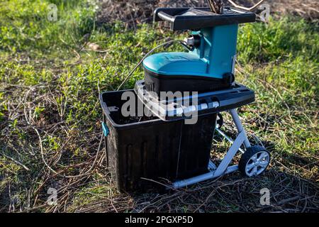 Auffangbox von Garden Shredder gefüllt mit zerkleinerten Zweigen und Weinreben, geeignet zum Mulchen aus zugeschnittenem Material während der Frühjahrsreinigung Stockfoto