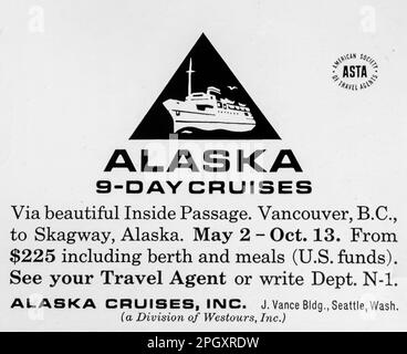 Kreuzfahrtanzeige in Alaska in einem Magazin in NatGeo, Februar 1964 Stockfoto