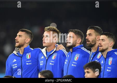 Neapel, Italien. 23. März 2023. Italienische Spieler beim Qualifikationsspiel der Euro 2024 zwischen Italien und England am 23. März 2023 im Stadio Diego Armando Maradona Naples Italy. Kredit: Franco Romano/Alamy Live News Stockfoto