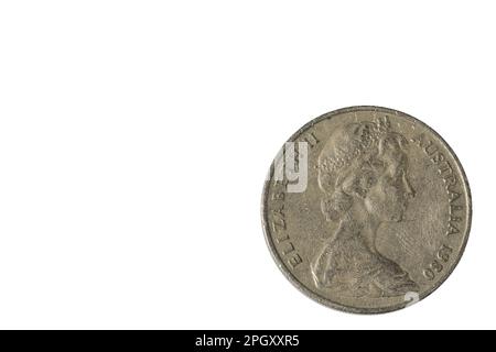 Nahaufnahme der alten Rückseite der Münze der australischen 20-Cent-Münze aus dem Jahr 1980. Numismatisches Konzept. Stockfoto