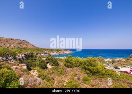 Wunderschöne Küstenlandschaft mit Stränden und Hotels auf Rhodos Island. Griechenland. Europa. Stockfoto