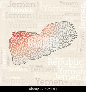 Jemen-Kartendesign. Ländernamen in verschiedenen Sprachen und Kartenform mit geometrischen niedrigen Poly-Dreiecken. Erstaunliche Vektor-Illustration des Jemen. Stock Vektor