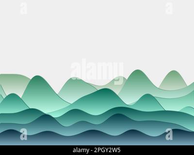 Abstrakter Berghintergrund. Geschwungene Schichten in blau-grünen Farben. Hügel im PaperCut-Stil. Attraktive Vektorillustration. Stock Vektor