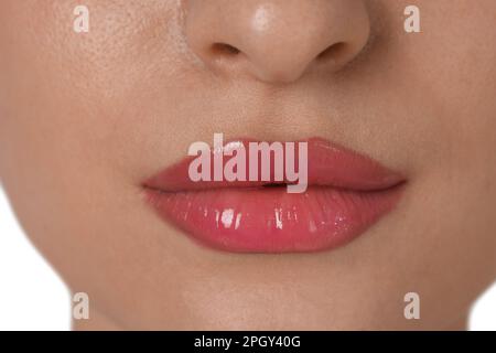 Schöne Frau mit perfekten Lippen, Nahaufnahme. Permanentes Make-up Stockfoto