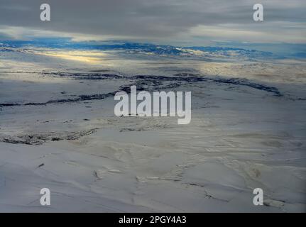 Luftaufnahme Bozeman Montana nach einem Winterschneesturm Stockfoto