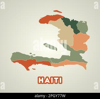 Haiti-Poster im Retro-Stil. Landkarte mit Regionen in der Herbstfarbpalette. Form Haitis mit Ländername. Bezaubernde Vektor-Illustration. Stock Vektor