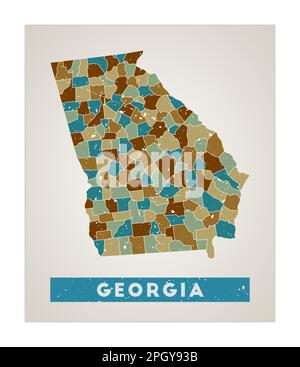 Georgia Karte. Poster mit Regionen in DEN USA. Alte Grunge-Textur. Form von Georgia mit US-Bundesstaat. Fantastische Vektor-Illustration. Stock Vektor
