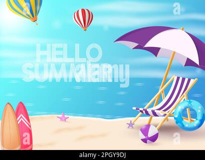 „Hello Summer Greeting“-Vektordesign. Hello Summer Grußtext im Beach Outdoor Hintergrund. Vektorbild Sommerstrand-Design. Stock Vektor