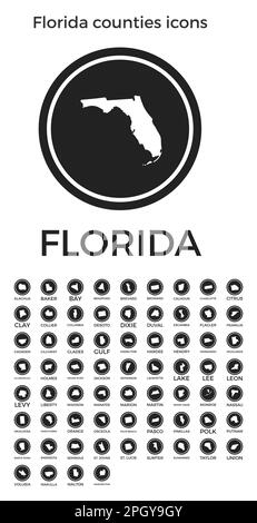 Symbole für Florida Countys. Schwarze runde Logos mit Karten und Titeln der US-Bundesstaaten. Vektorabbildung. Stock Vektor