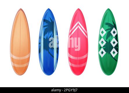 Surfboard-Elemente-Vektorset für den Sommer. Surfbrettelemente im Sommer isoliert für Strandsurfen. Vector Illustration Surfboard Sommerkollektion. Stock Vektor