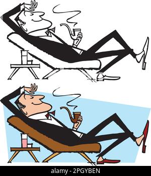 Ein alter Retro-Cartoon mit einem Mann, der in einem Liegestuhl lag und seine Pfeife rauchte. Stock Vektor