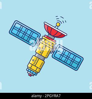 „Flying Space Satellite“-Cartoon-Vektor-Illustration, „Satellite In Space“-Cartoon-Symbol-Illustration, „Flat Artificial Satellite Technology“, Stock Vektor