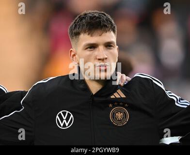 24. März 2023, Hessen, Frankfurt/Main: Fußball, U21 Männer: Internationale Wettkämpfe, Deutschland - Japan, PSD Bank Arena. Der deutsche Noah Katterbach. Foto: Arne Dedert/dpa Stockfoto