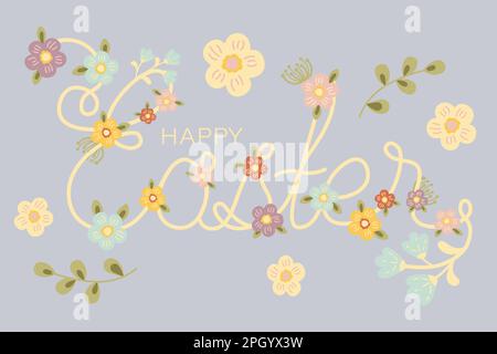 Oster-Cartoon-Schriftzug mit einer Linie in Blumen Stock Vektor